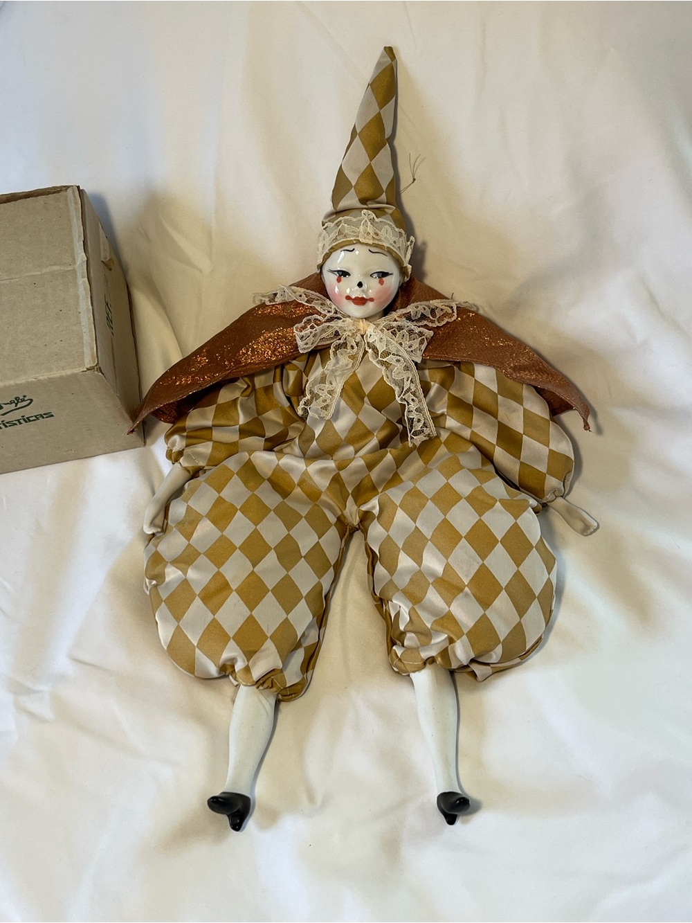 Vtg R. Ingles from Spain Porcelain Doll w/box Harlequin Jester Hand Painted